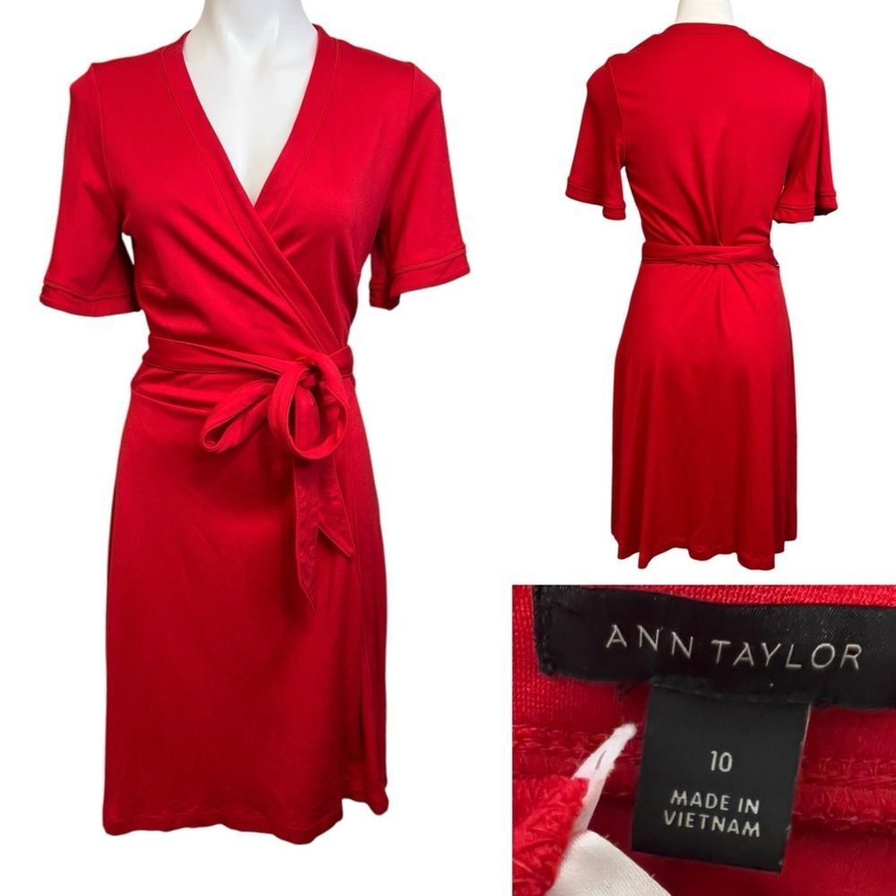 Ann Taylor wrap dress size 10 red short sleeve knee length office career - Picture 1 of 5
